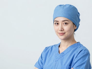 Professional studio headshot of a female surgeon in sterile scrubs, bright cool light, clean clinical background.