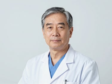 Professional studio headshot of a senior male orthopedic specialist in clinical attire, bright cool studio lighting.