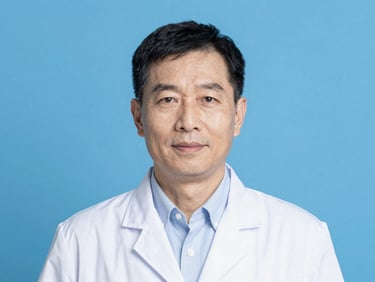 Professional studio headshot of a senior male clinical professor in a white medical coat, bright clean lighting, sterile blue background.