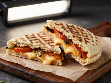 Close-up diagonal of a pressed panini sliced in half on parchment paper, melted cheese visible at cut edge, roasted vegetables showing, studio strobe overhead, dark wooden board beneath