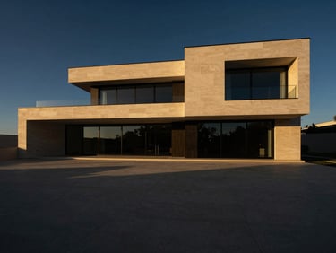 Wide shot of a luxury villa exterior, minimalist design, sun-drenched, with expansive negative space, high-contrast lighting.