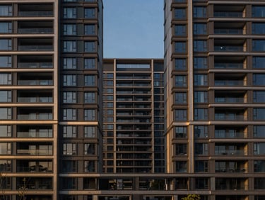 Panoramic view of a modern mixed-use development, architectural geometry, low-key lighting, emphasizing scale and design.
