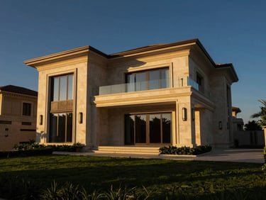 Wide shot of a completed luxury villa exterior, sharp architectural lines, sun-drenched, with a manicured landscape, Dubai.