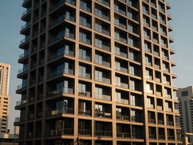 Ultra-wide shot of a modern luxury apartment building facade at golden hour, sharp geometric lines, deep shadows, Dubai skyline in background.