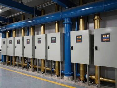 Wide shot of a neatly organized mechanical room with HVAC ducts and control panels, sharp directional work light, deep blue and brass tones.
