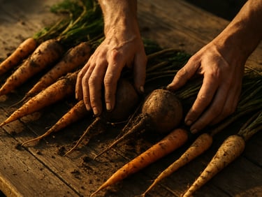 Close-up of hands sorting freshly harvested root vegetables on a wooden farm table, golden morning light raking across the surface, soil still visible on the roots