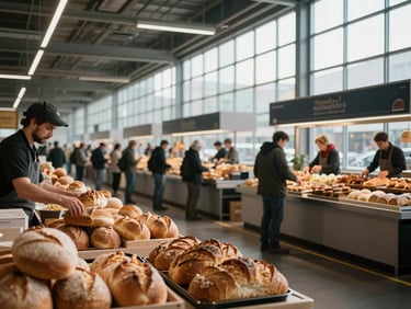 Wide environmental shot of a modern food market hall, stalls active in morning light, a vendor arranging bread loaves in the foreground left, high industrial windows flooding the space with diffuse daylight