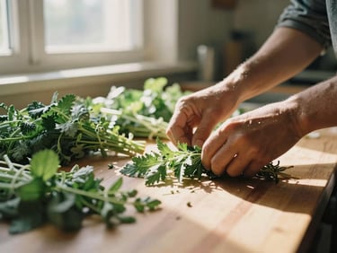 A close-up of hands arranging fresh herbs on a wooden table in a sunlit community kitchen, natural light streaming through a window, warm editorial photography, authentic and dignified.