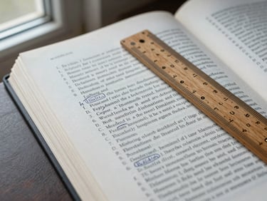 Tight detail shot of a bibliography page with handwritten correction marks, a wooden ruler placed across the margin, cool daylight from a window to the left, paper slightly worn at the edges