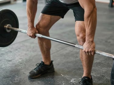 Close overhead shot of an athlete's hands gripping a barbell at the start of a lift, chalk dust visible, natural gym light, concrete floor below