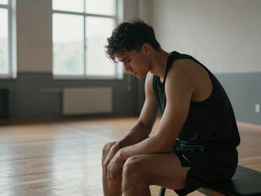 An athlete seated alone on a bench inside a quiet training hall, head down in stillness before a session, diffused window light falling across their shoulders, no equipment in frame