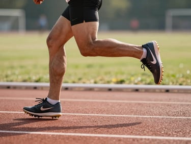 Side angle of an athlete mid-sprint on an outdoor track, foot plant in sharp focus, natural morning light, motion blur on background
