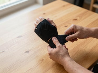 Close overhead shot of two hands wrapping a wrist with athletic tape on a wooden training room table, warm daylight from a side window, deliberate and unhurried motion