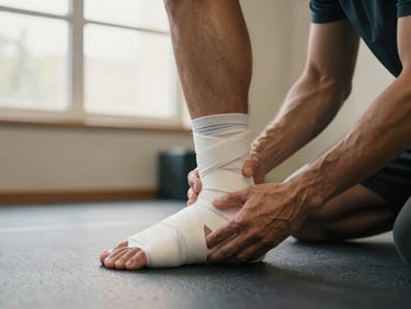 Close detail of an athlete's lower leg and foot being wrapped by a coach's hands in a training room, warm window light, clinical simplicity