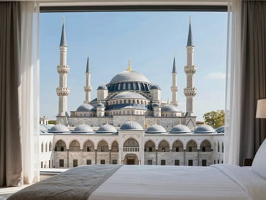 Luxurious hotel suite overlooking the Grand Mosque, serene and elegant, bright daylight, wide shot.