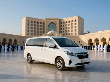Sleek, modern private transfer vehicle awaiting pilgrims outside a luxury hotel in Medina, golden hour, wide shot.