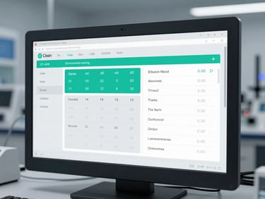 Clean laboratory software interface mockup showing automated environmental monitoring data, slate gray and laser teal accents, high contrast data matrix.