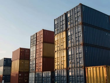 Rows of colorful shipping containers stacked high in a modern port terminal, dramatic low-angle perspective, clear daylight.