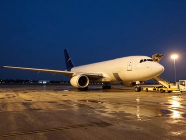 Wide-angle view of a cargo aircraft being loaded on a wet tarmac at night, bright floodlights casting long shadows, blue and gold hues.