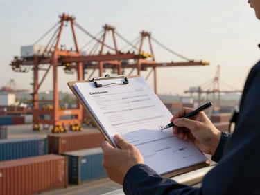 Close-up of shipping documents on a clipboard held by a professional, container terminal cranes in the background, sharp focus, morning light.
