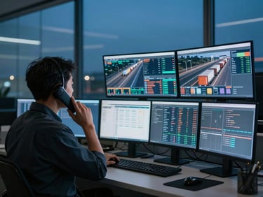 A professional dispatcher on the phone, looking at a multi-screen setup displaying real-time freight market data, clean office environment, twilight lighting, deep blues and amber accents, sharp focus, 35mm