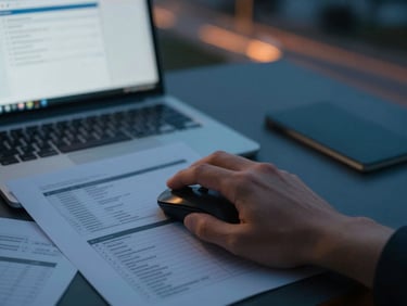 Close-up of a hand clicking a mouse on a desk with organized paperwork and a laptop showing dispatch software, focused and efficient, twilight lighting, deep blues and amber accents, sharp focus, 35mm