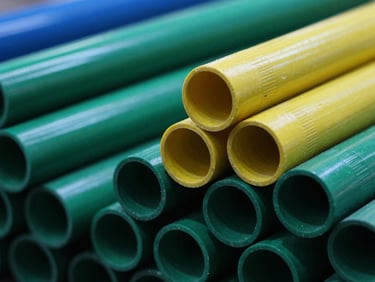 Macro shot of various green and yellow plumbing pipes, showing texture and thickness, stacked neatly in a warehouse, sharp studio lighting, deep blue and metallic tones, high contrast.