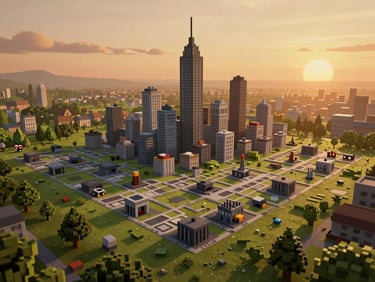 Wide landscape early-build pixel-art screenshot of a city-builder game with isometric perspective, incomplete building grids, raw tile placeholders mixed with finished sprites, warm amber lighting from a simulated sunset