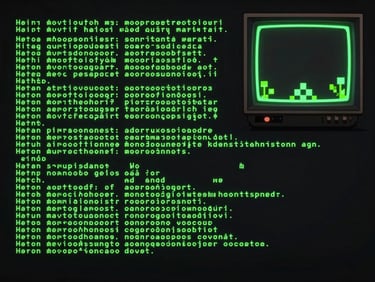 Wide landscape concept-stage pixel-art screenshot of a text-adventure hybrid game, terminal-green text on dark background with a small sprite viewport inset in the upper right corner, retro CRT monitor glow