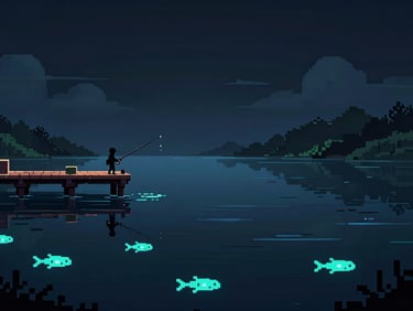 Wide landscape pixel-art prototype screenshot of a side-scrolling fishing game at night, dark water reflections, a single character silhouette on a dock, bioluminescent fish shapes visible below the surface