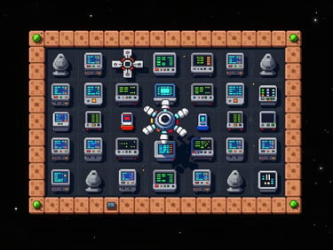 Wide landscape retro pixel-art screenshot of a top-down puzzle game with a space station setting, dark void background, glowing interactive terminals arranged in a grid, no characters visible
