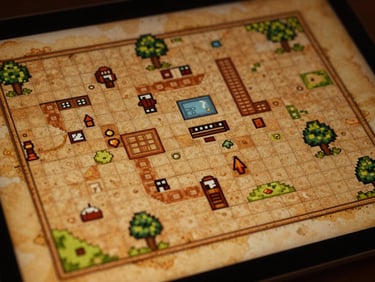 Full pixel art game screenshot showing a top-down map with hand-drawn tileset details, warm amber ambient light on the screen surface, no UI elements, native resolution captured cleanly