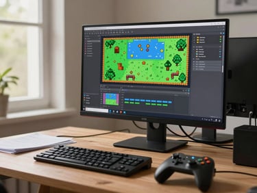 Wide environmental shot of a developer's desk setup, monitor showing pixel art game editor, keyboard and controller in foreground, warm natural window light from the left, cables and notes visible, no person in frame