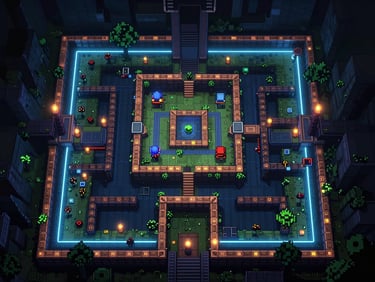 Wide landscape game screenshot of a retro pixel-art dungeon crawler, dramatic top-down view, neon-lit corridors in near-dark environment, CRT scanline aesthetic, no UI overlay