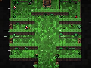 Full game screenshot at native resolution showing a pixel art dungeon environment with glitching tile effects, high contrast green and dark palette, no UI overlays, screenshot taken directly from the game build