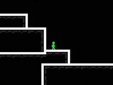 Wide landscape pixel-art game screenshot of a minimalist platformer, stark black and white palette with a single acid-green moving element, side-scrolling perspective, clean geometric level design