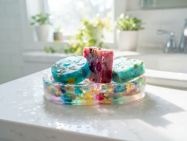 Bright sunny morning bathroom, a translucent resin soap dish catching high-key natural light on a clean white counter, matching colorful soaps nearby