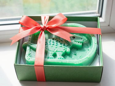 A beautifully packaged gift box containing a matching dinosaur soap and green resin dish, tied with a bright coral ribbon