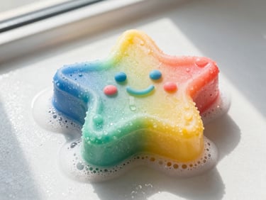 Close-up of a colorful hand-cast soap shaped like a playful star, resting on a wet surface with soapy bubbles, bright high-key light