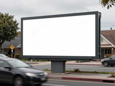 Tight crop of a billboard mockup on a suburban retail corridor photographed from street level, overcast daylight, the billboard face sharp and legible, passing traffic blurred in foreground