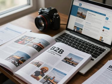 Close-up overhead flat-lay of a B2B trade media print spread and a laptop screen showing a LinkedIn campaign dashboard side by side on a desk, natural daylight from a nearby window, campaign brief papers visible at frame edge