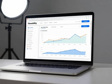 Laptop screen on a clean desk showing a connected TV ad campaign analytics dashboard with viewability metrics and frequency graphs, studio lighting from above, keyboard partially visible at the bottom edge, neutral gray background