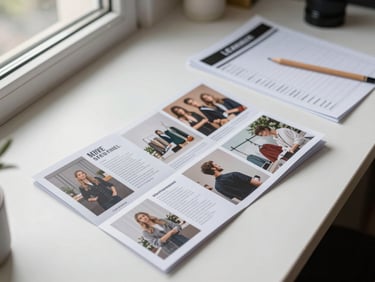 Close-up overhead flat-lay of a retail campaign print layout spread on a work desk — folded mailer, shelf-talker card, and a printed media schedule — natural window light from the left, a pencil resting on the brief, clean white desk surface