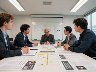 Wide-angle shot of a strategy review session in a conference room, three people seated around a table covered with printed campaign briefs and channel maps, overhead fluorescent and natural window light, whiteboards with media-mix notes visible in the background, candid working moment