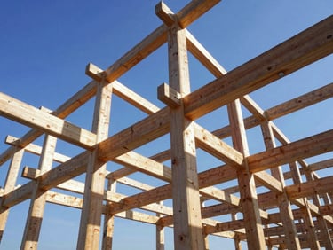 Low-angle wide shot looking up through a massive glulam post and beam structural skeleton, sharp natural shadows, blue sky visible