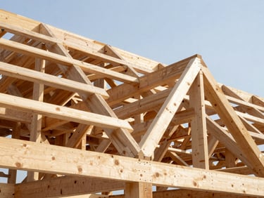 Sharp architectural close-up of complex multi-angle roof rafters and structural timber trusses meeting with millimeter precision, bright daylight