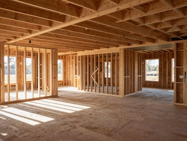 Wide shot of an immaculate, swept framing jobsite inside a custom house build, sunlight streaming through exposed wall studs, no debris