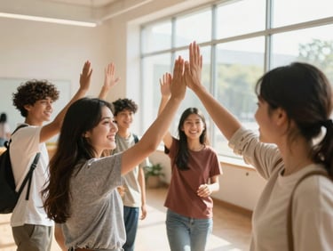 A group of cheerful teenagers high-fiving their mentor inside a brightly lit modern community center, warm sunshine streaming through large windows, energetic atmosphere.