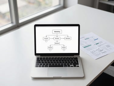 Close overhead shot of a large desk with an open laptop displaying a clean architecture diagram connecting marketing funnels to data infrastructure nodes, a printed framework schematic beside it, cool natural daylight from a wide office window to the left, no people visible, minimal and precise