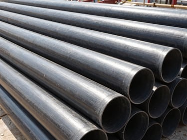 Close-up of high-density polyethylene HDPE pipes stacked on a construction site, bright daylight, technical textures.